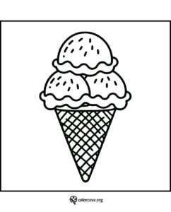 Printable ice cream coloring page, three scoops in waffle cone. Fun and creative activity for kids. Download now!