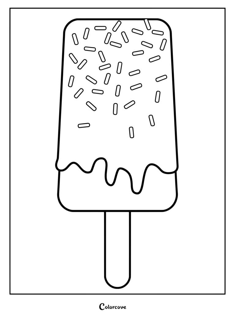 A rectangular popsicle with a dripping chocolate coating and scattered sprinkles on a coloring page.