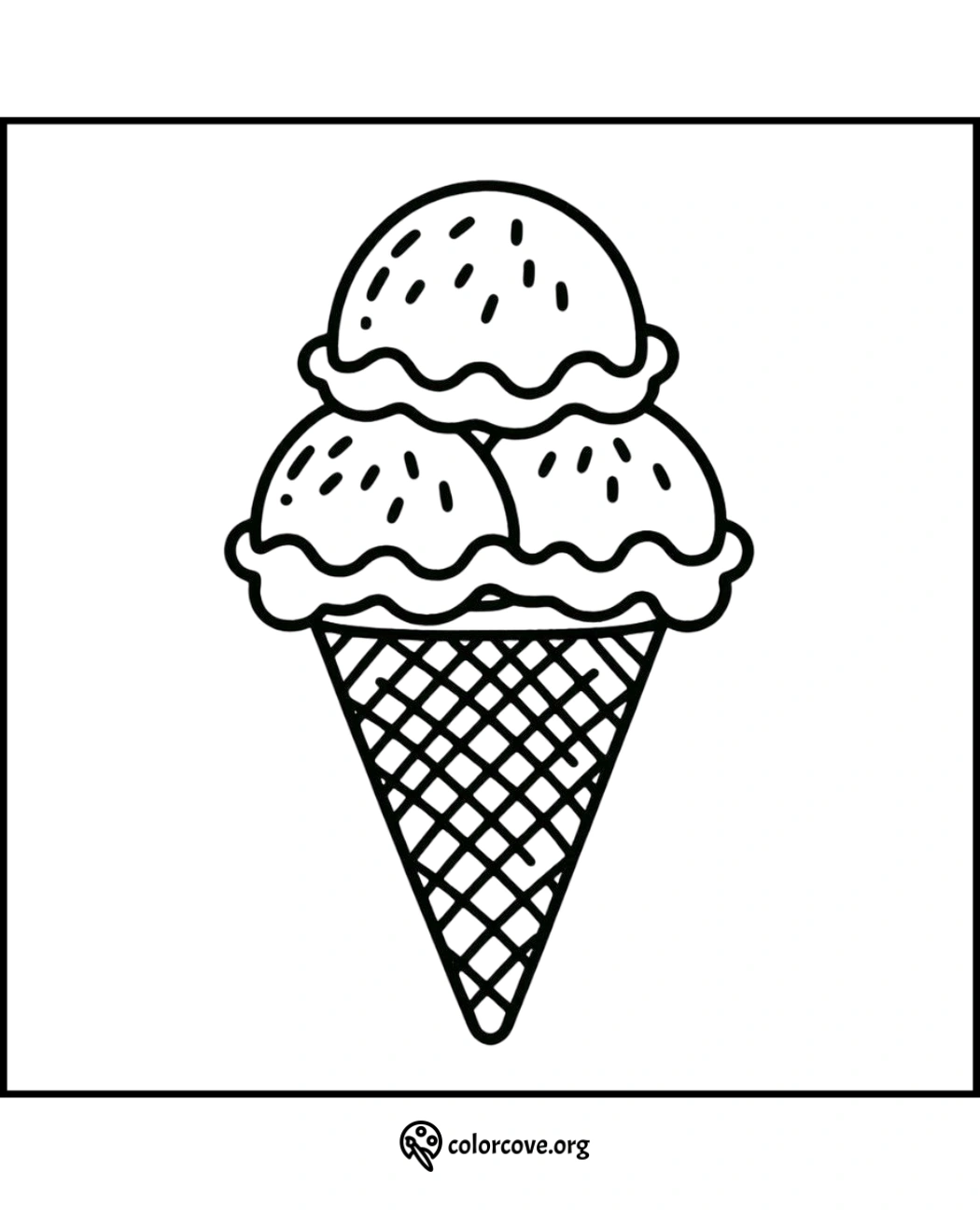 Printable ice cream coloring page, three scoops in waffle cone. Fun and creative activity for kids. Download now!