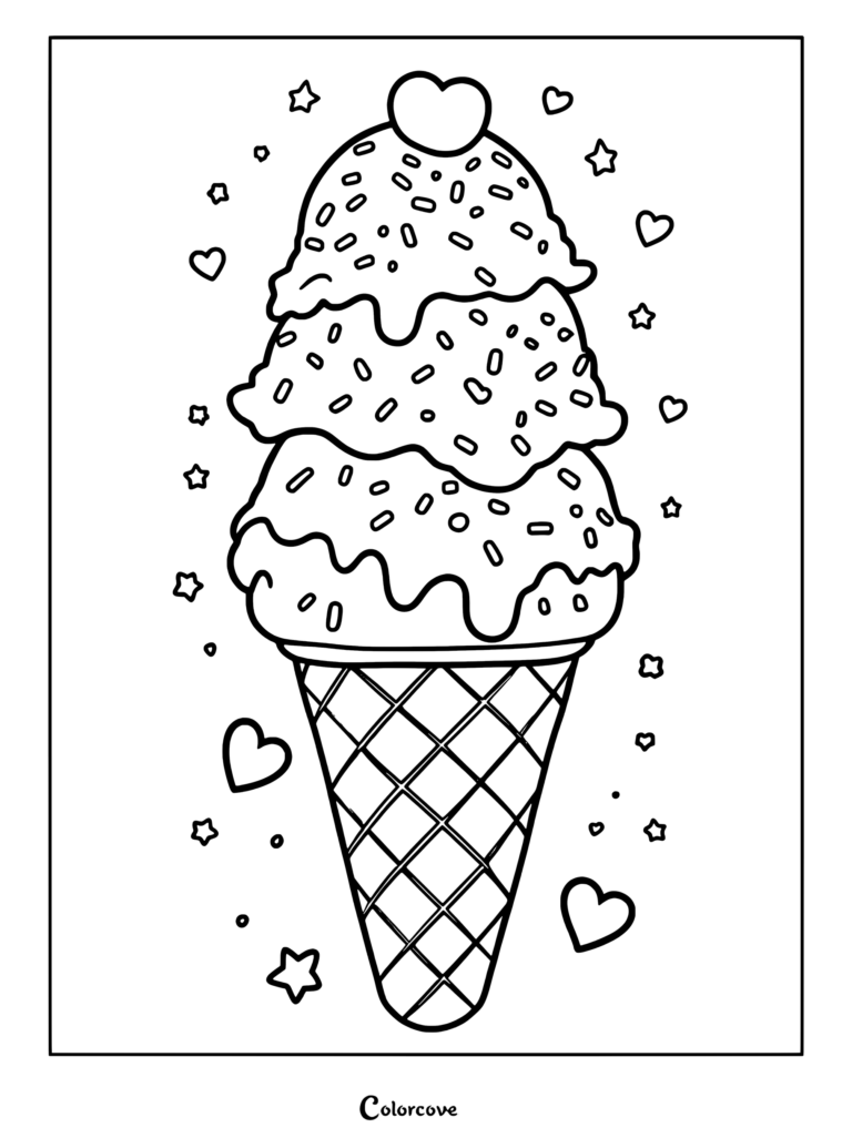 Triple scoop ice cream cone coloring page featuring sprinkles, a heart topper, and floating stars and hearts.