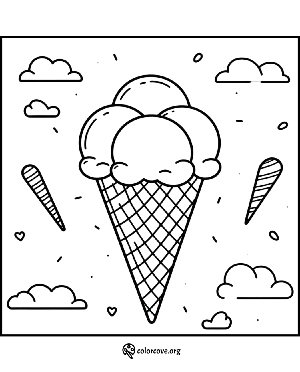 Ice cream cone with three scoops coloring page, featuring clouds and hearts background. Ideal for kids' printable fun.