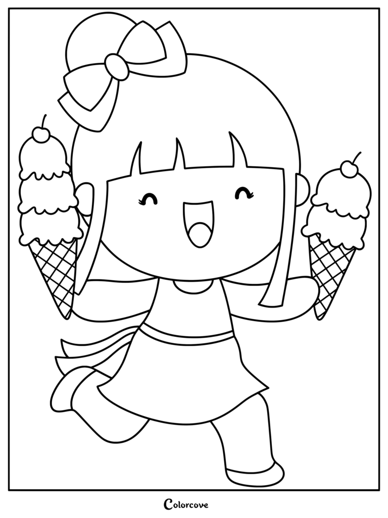 A happy girl with a large hair bow holding a triple-scoop ice cream cone and a double-scoop ice cream cone, line art coloring page.