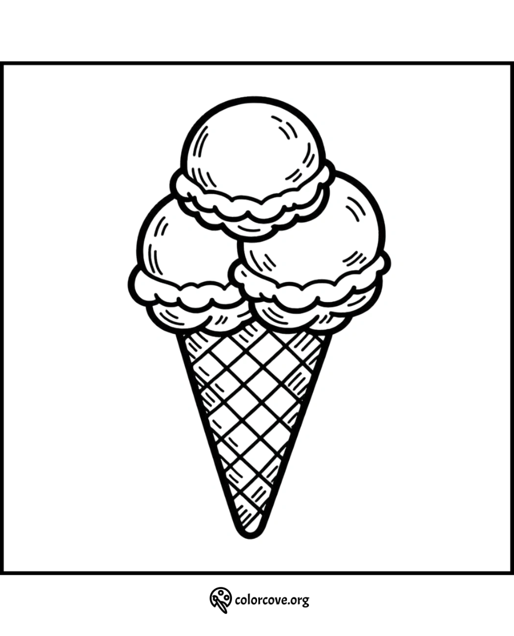 Ice cream cone coloring page with three scoops and waffle cone, perfect for kids and fun summer activities.