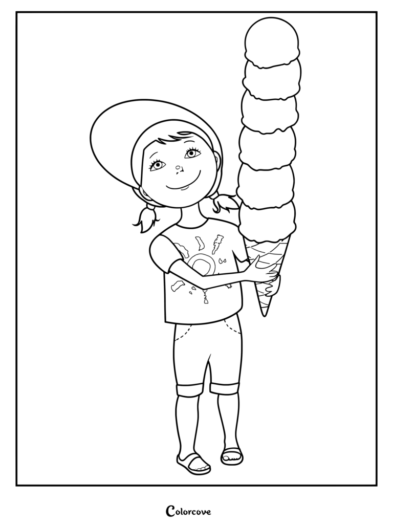 A girl wearing a cap and t-shirt holding a massive six-scoop ice cream cone in this printable coloring page.