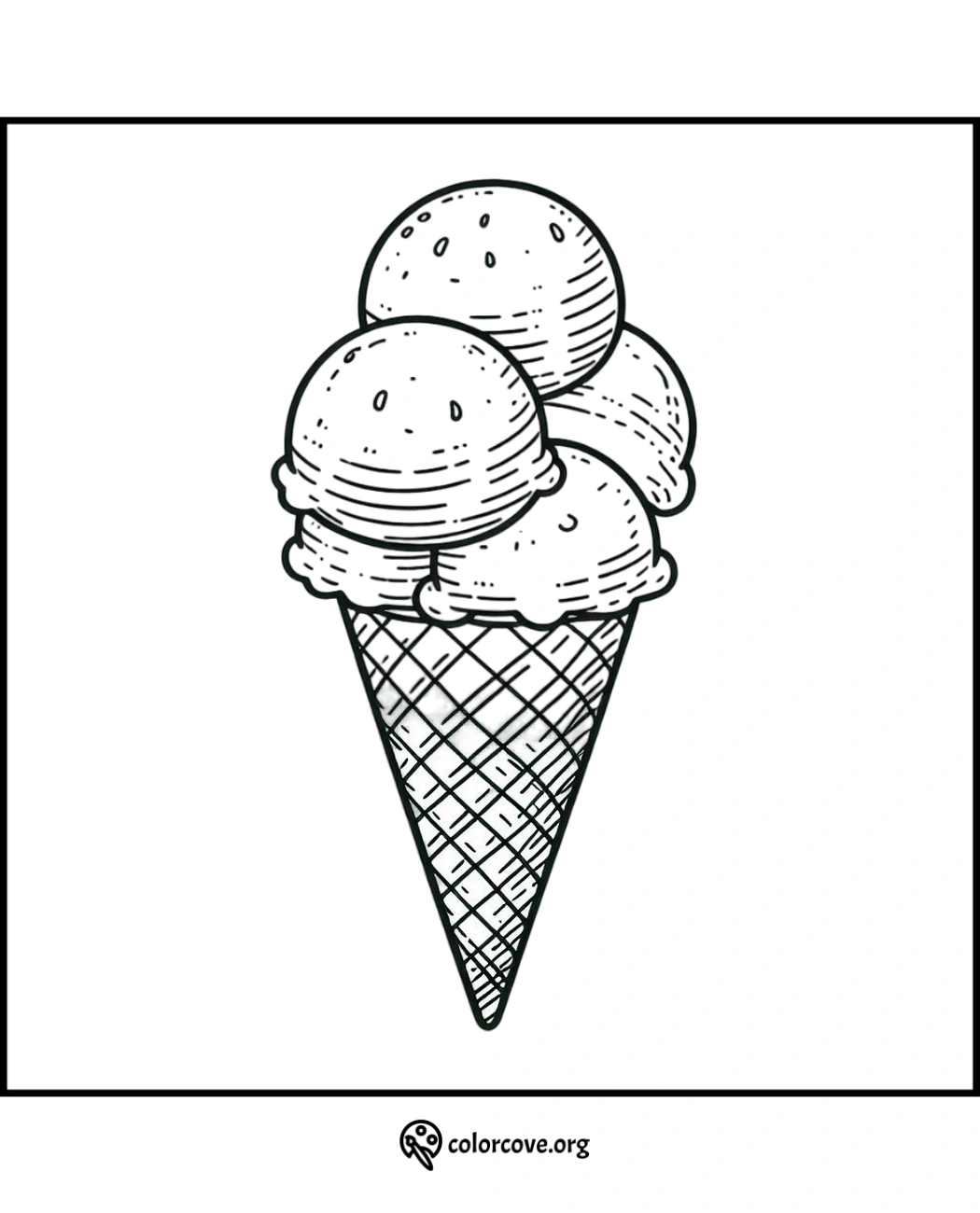 Line art coloring page featuring an ice cream cone with three scoops. Printable and fun for kids.