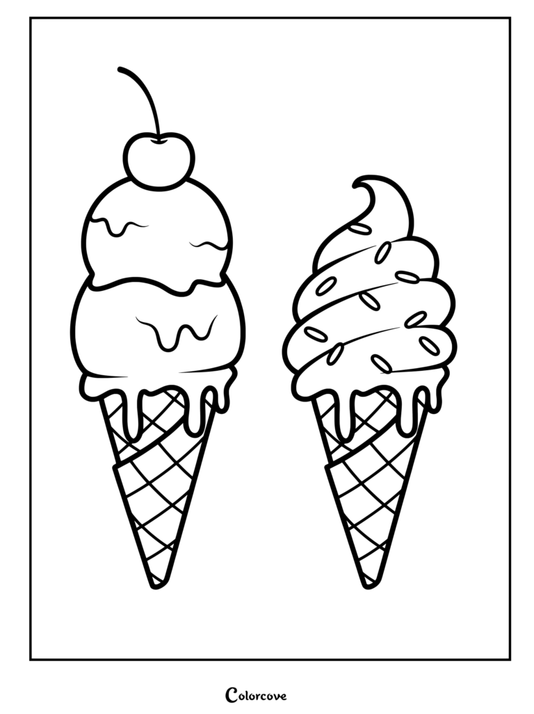 A printable coloring page featuring a double scoop ice cream cone topped with a cherry next to a swirled soft serve cone with sprinkles.