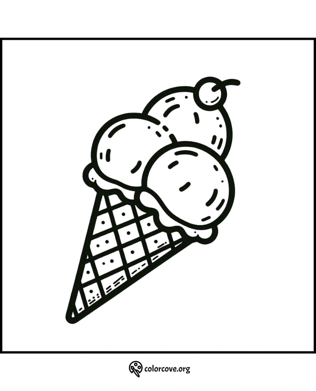 Coloring page of an ice cream cone with three scoops and a cherry on top. Ideal for kids' activity and creativity.