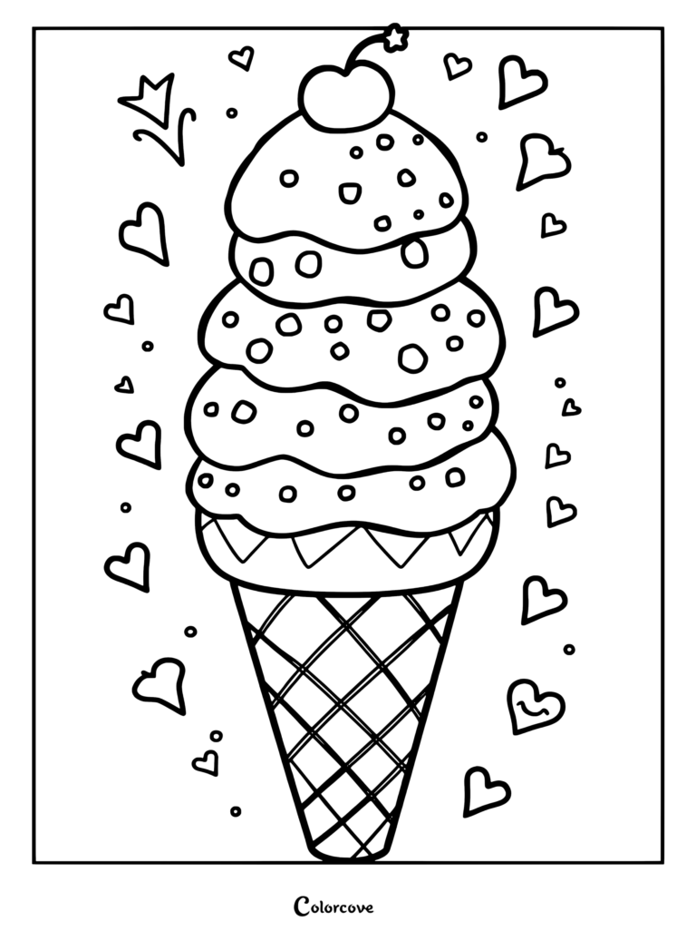 Triple scoop ice cream cone topped with a cherry and surrounded by floating hearts in this printable coloring page.