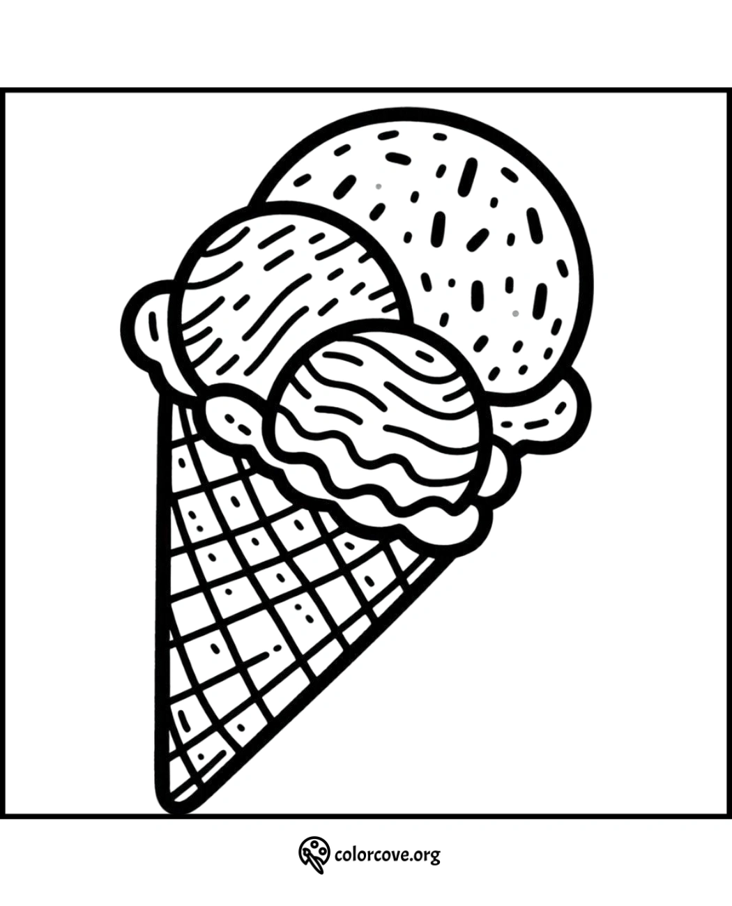 Ice cream cone coloring page with three scoops - printable for kids and adults to color. Fun, free, and creative activity.