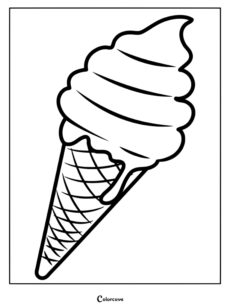 A simple soft serve ice cream cone coloring page with a waffle texture.