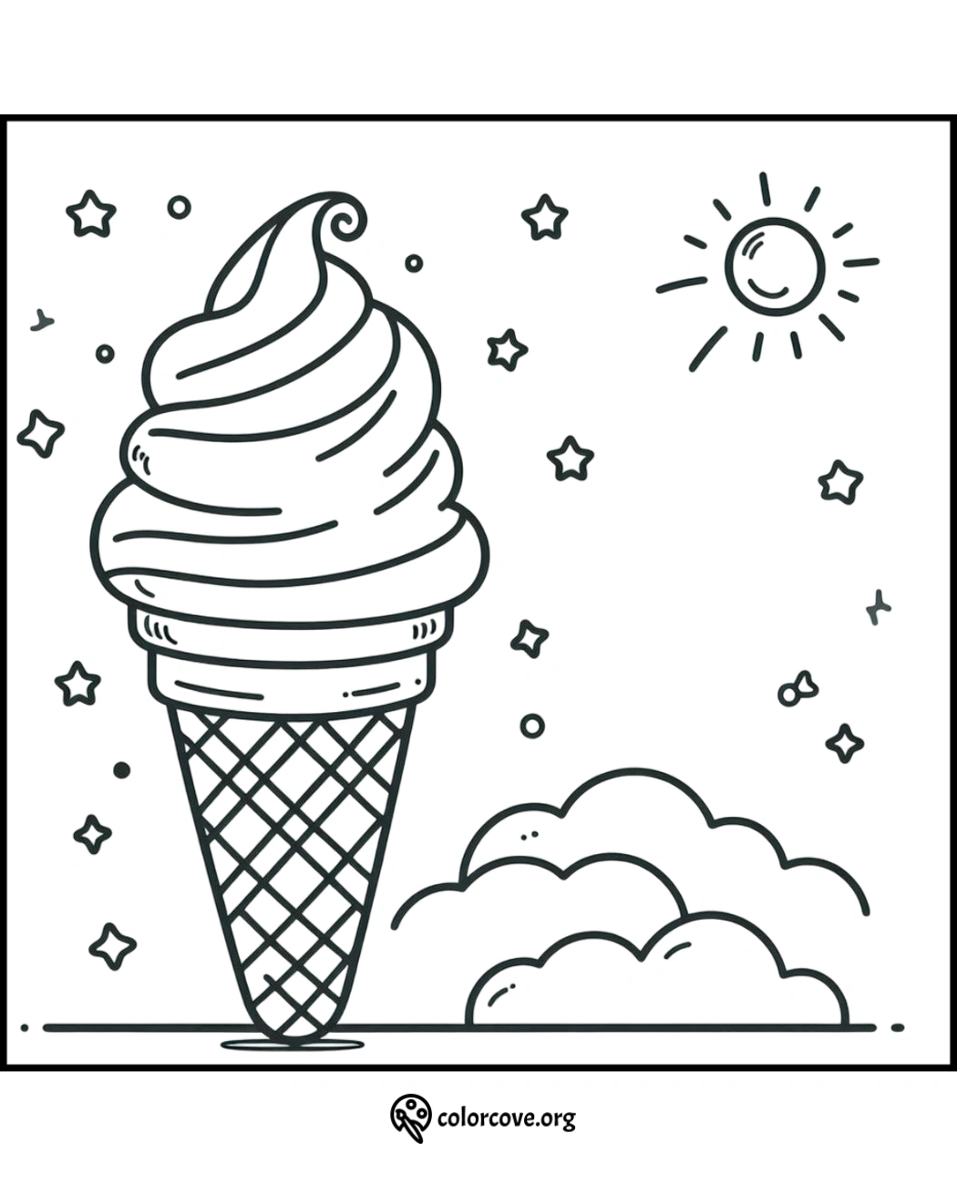 Ice cream cone coloring page with stars, clouds, and sun in the background. Fun printable for kids to color.