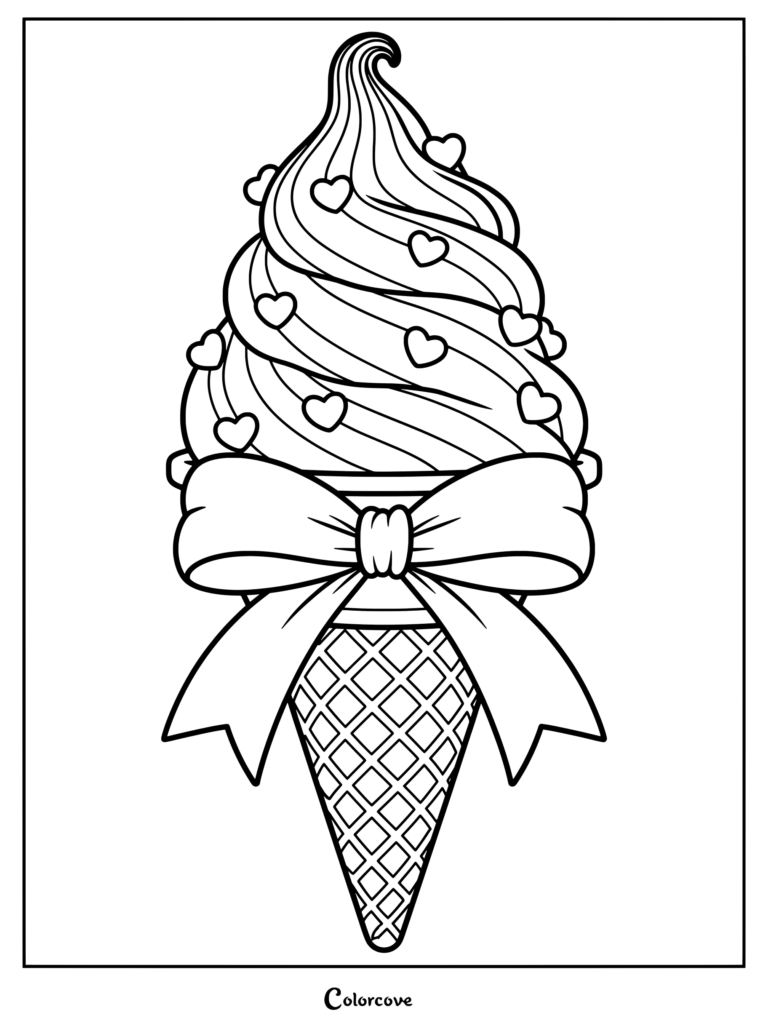 A black and white coloring page featuring a swirled ice cream cone decorated with small heart-shaped sprinkles and a large decorative bow.