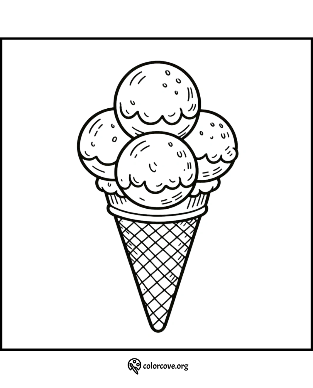 Coloring page of an ice cream cone with three scoops. Printable fun and creative activity for kids.