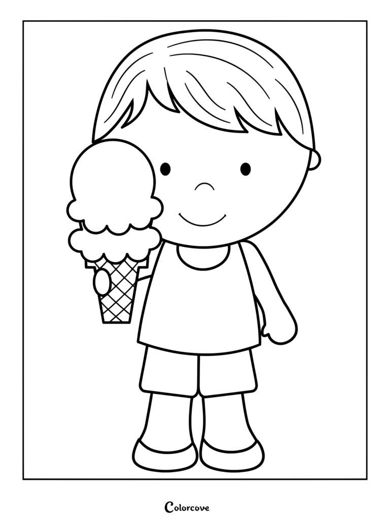 A young boy in a tank top and shorts holding a two-scoop ice cream cone in this printable coloring page.