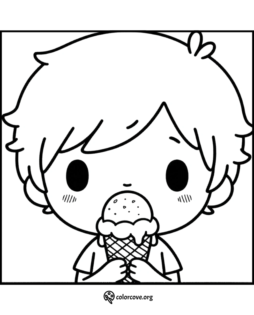 Coloring page of a cute child enjoying an ice cream cone, perfect for kids' activities and creative coloring time.