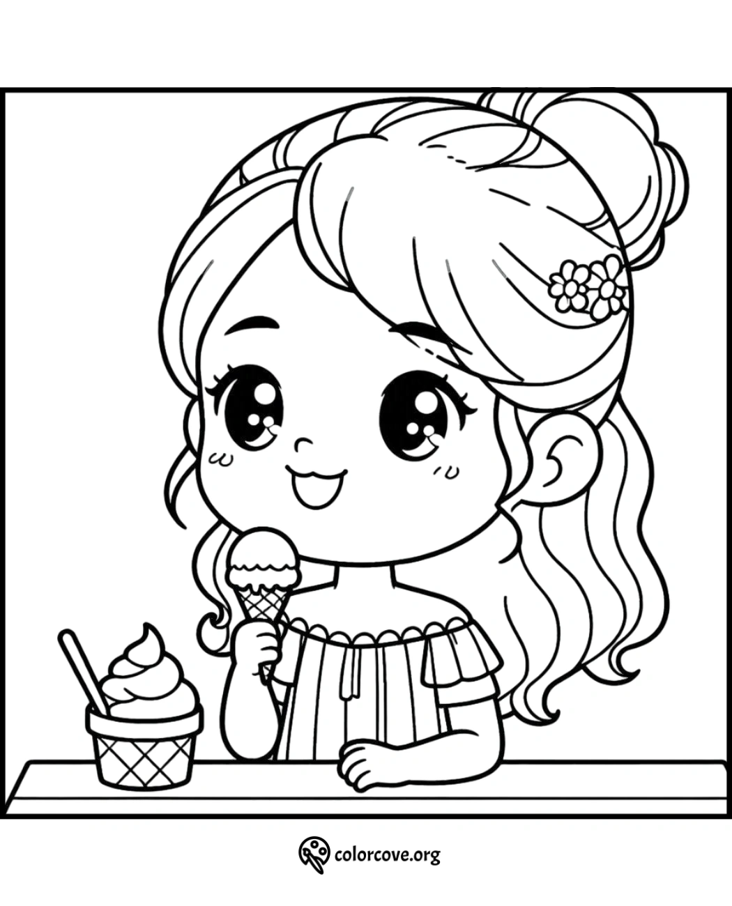 Cute girl enjoying ice cream coloring page from ColorCove.org. Adorable illustration for kids to color and enjoy.