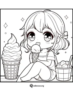Cute girl enjoying ice cream, surrounded by a big cone and a bucket of ice cream scoops; printable coloring page.