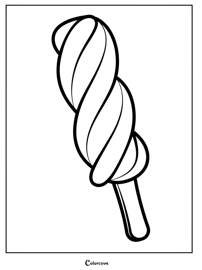 A simple black and white coloring page of a twisted, spiral-shaped ice cream popsicle on a wooden stick.
