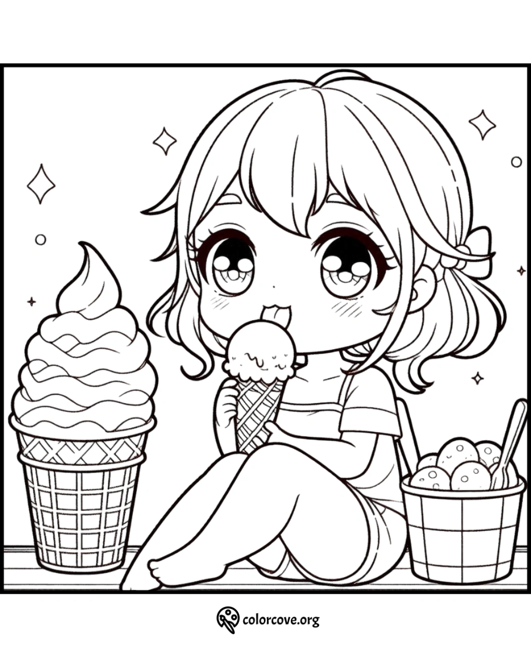 Cute girl enjoying ice cream, surrounded by a big cone and a bucket of ice cream scoops; printable coloring page.