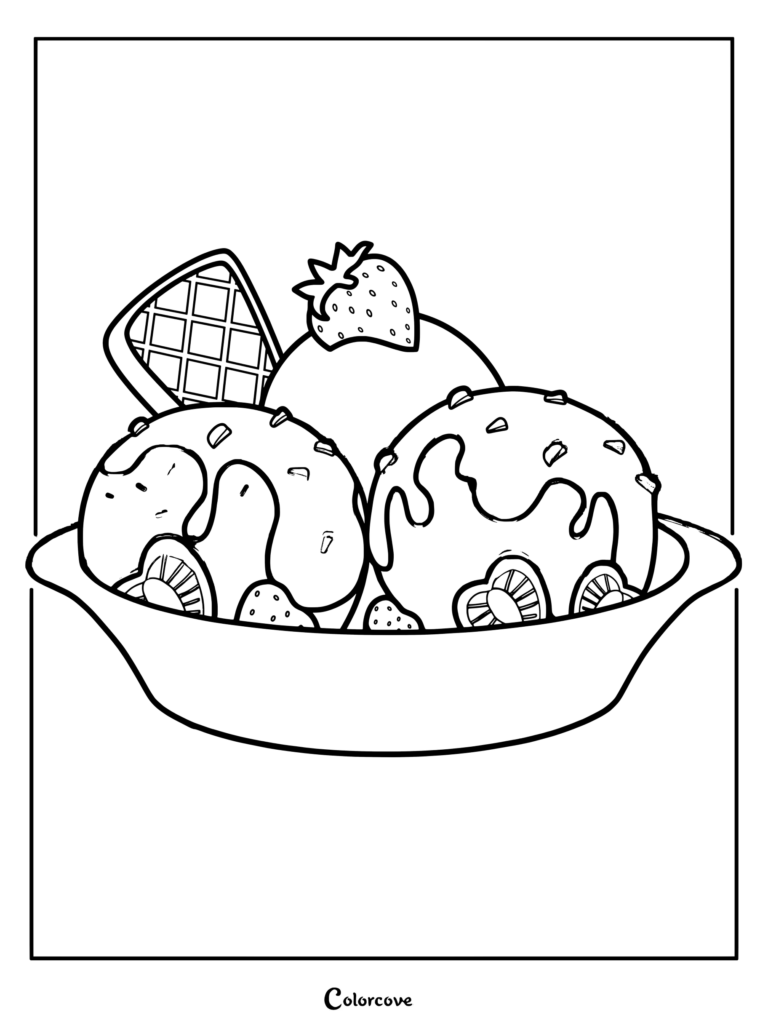 A printable coloring page featuring a bowl of ice cream topped with a fresh strawberry, chocolate drizzle, and a crispy wafer.