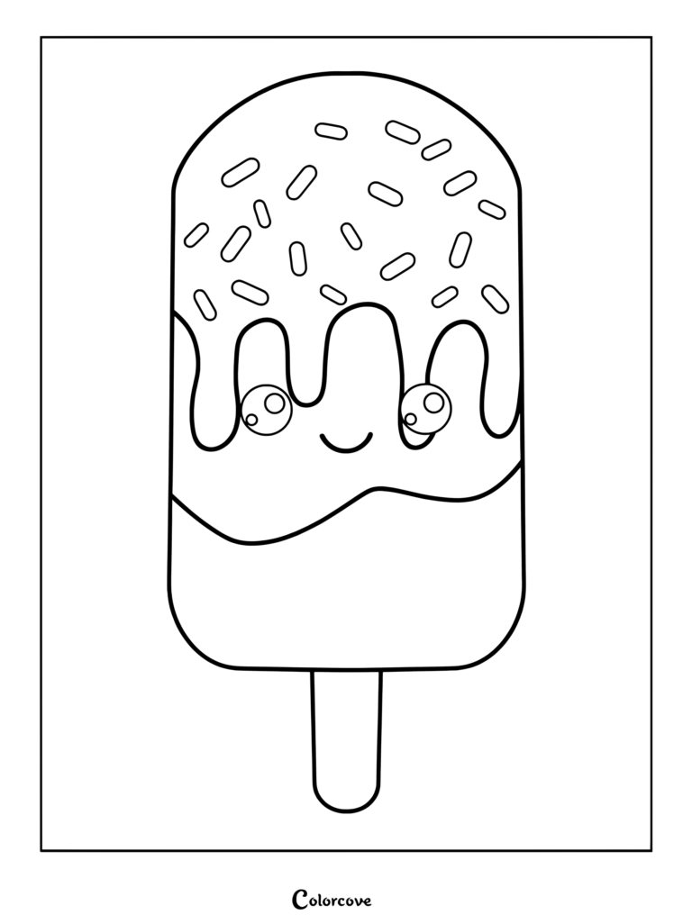 A cute kawaii popsicle with dripping icing and sprinkles coloring page.