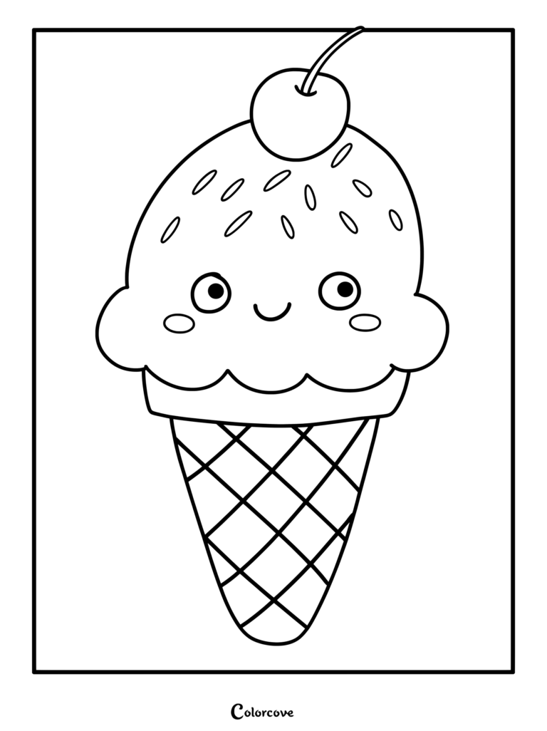 A simple coloring page of a smiling ice cream scoop with sprinkles and a cherry on top in a waffle cone.
