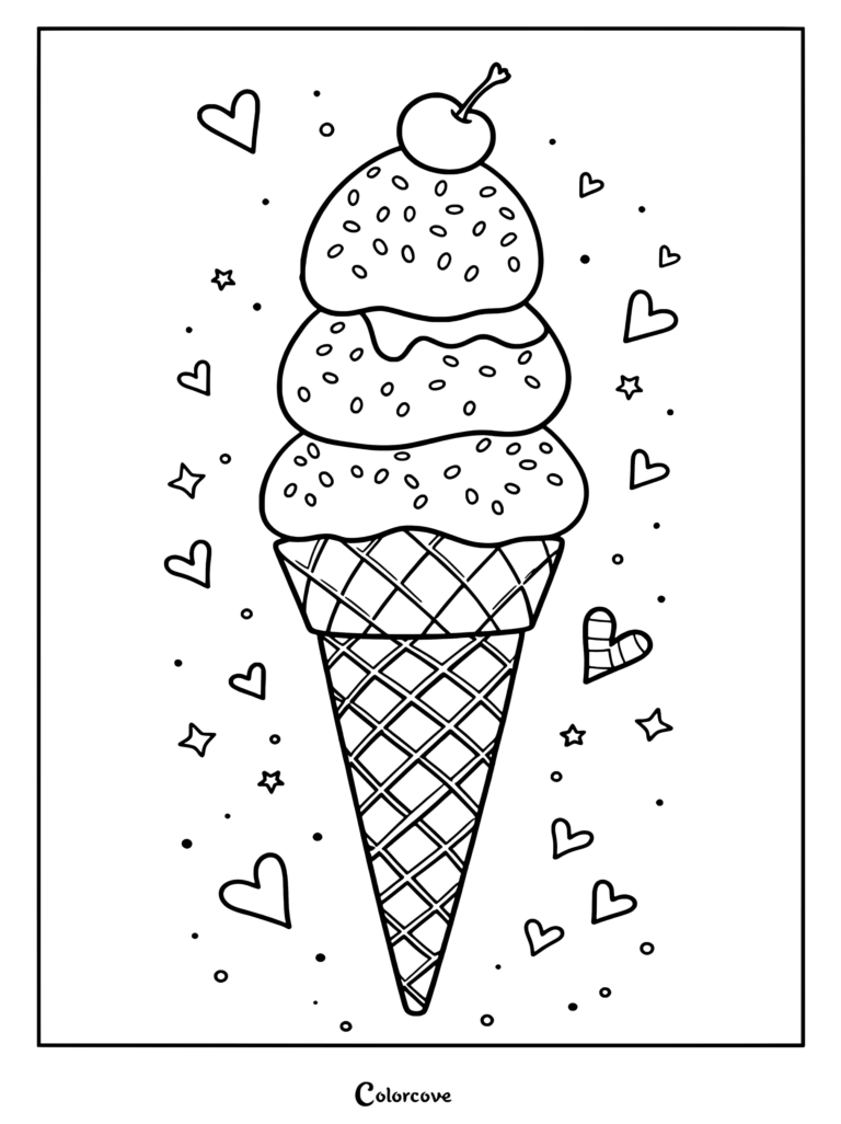 A triple scoop ice cream cone with sprinkles and a cherry on top, surrounded by hearts and stars in this coloring page.