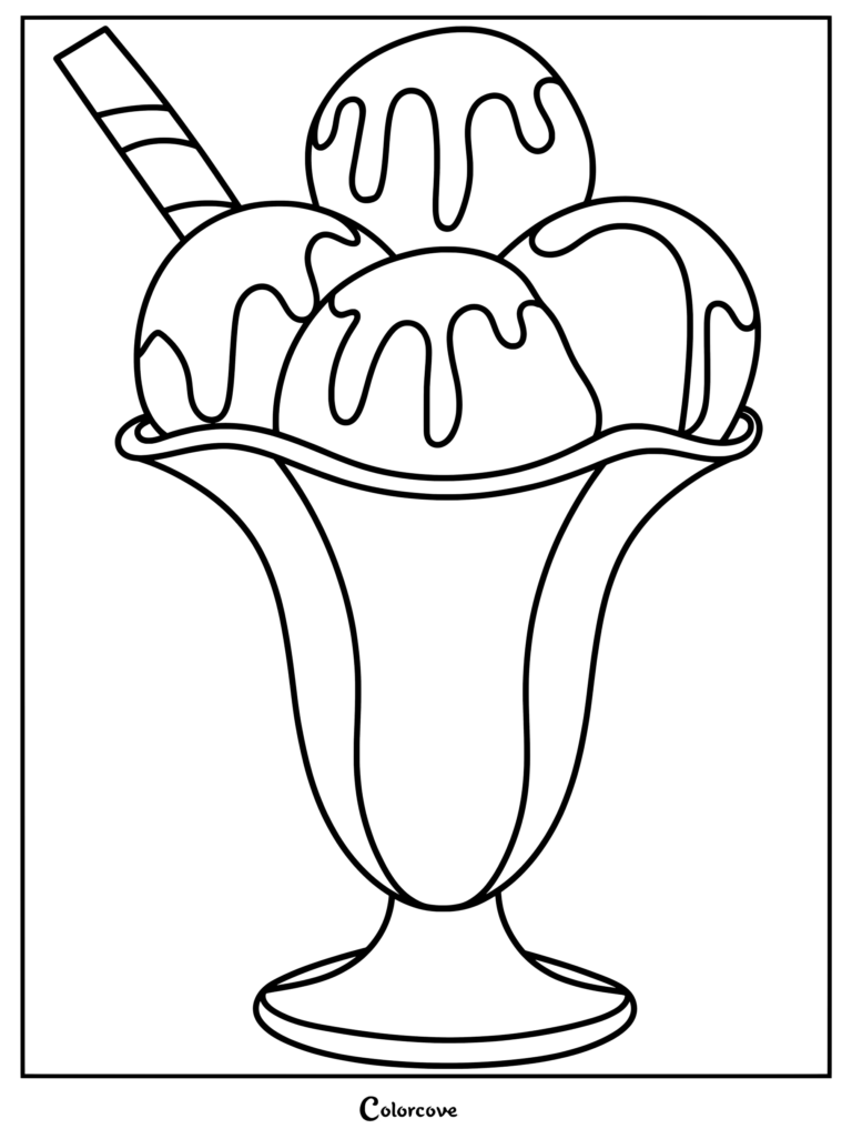 Three scoops of ice cream with syrup and a wafer stick in a glass dish coloring page.