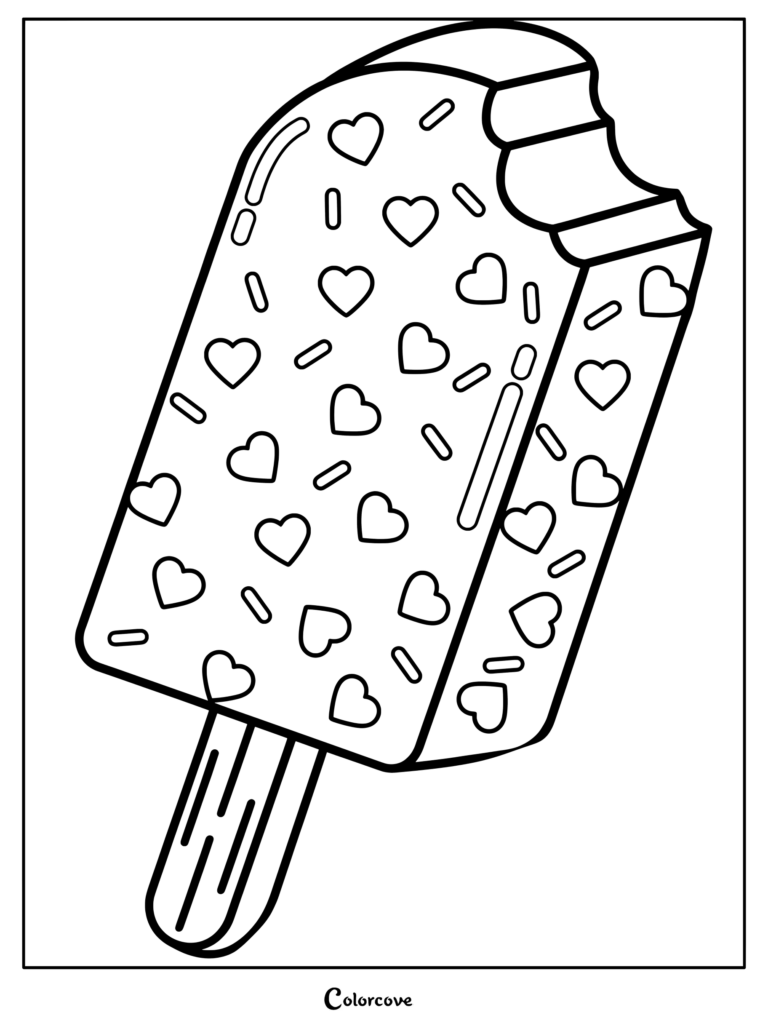A bitten popsicle with heart-shaped sprinkles and line details on a wooden stick coloring page.