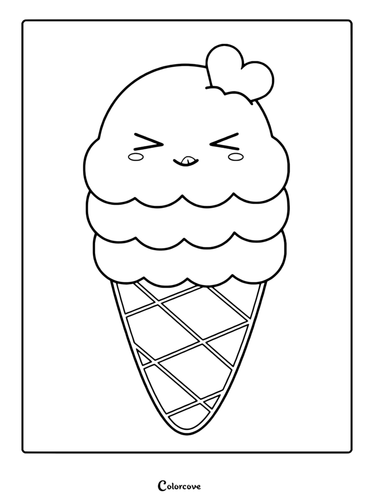A cute kawaii ice cream cone with a heart topper and a happy face on a printable coloring page.