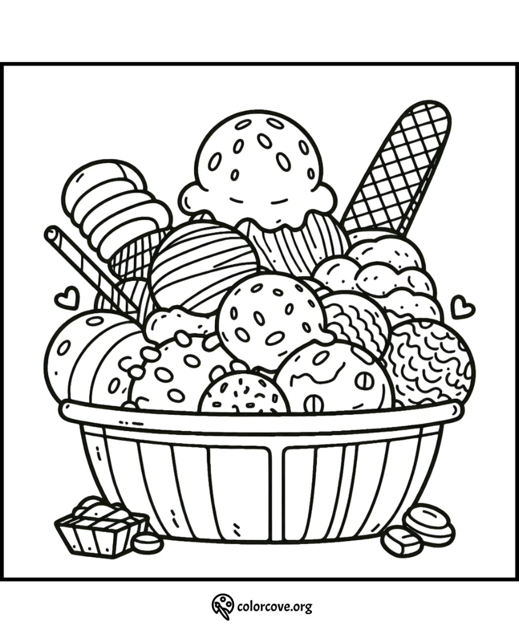 Coloring page featuring a large bowl of assorted ice creams, cookies, and sweets with decorative hearts.