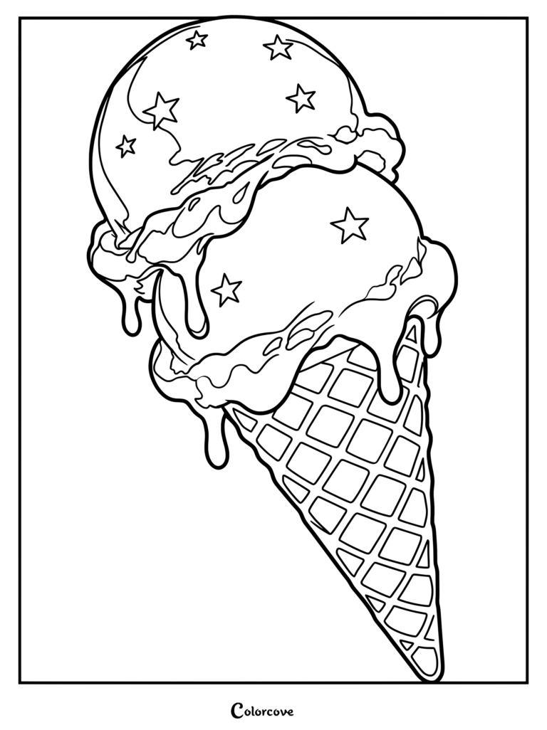 A double scoop ice cream cone coloring page featuring melting scoops decorated with star shapes in a waffle cone.
