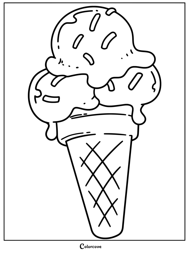 A triple scoop ice cream cone coloring page with sprinkles and melting edges.