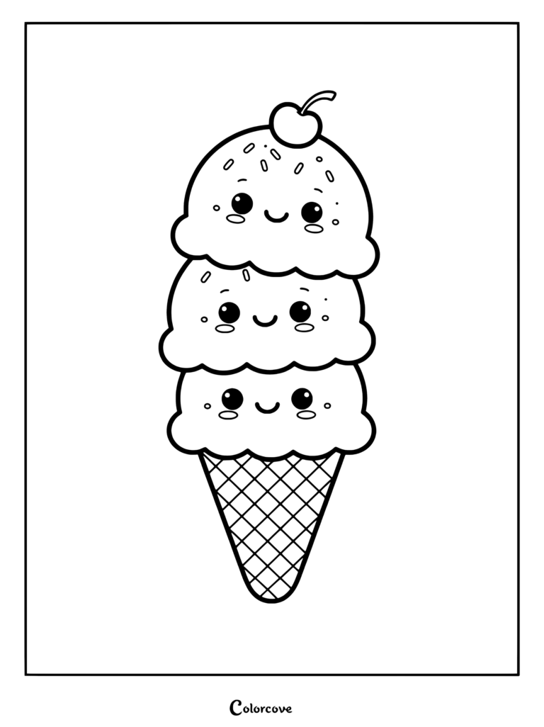 A kawaii triple scoop ice cream cone coloring page featuring three smiling faces and a cherry on top.