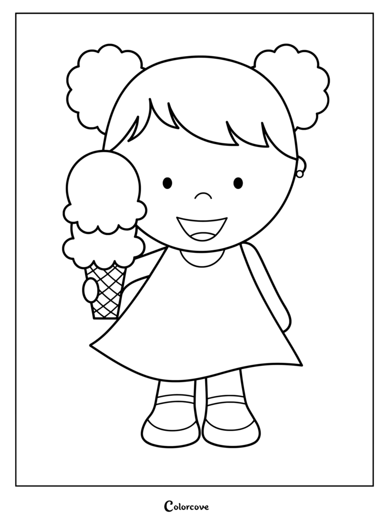 A happy girl with pigtails holding a double scoop ice cream cone in this printable coloring page.