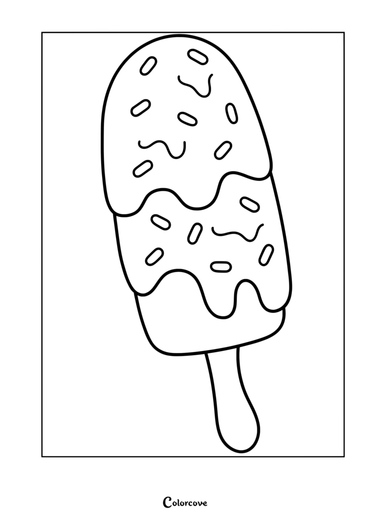 A simple coloring page of a popsicle with dripping icing and sprinkles.