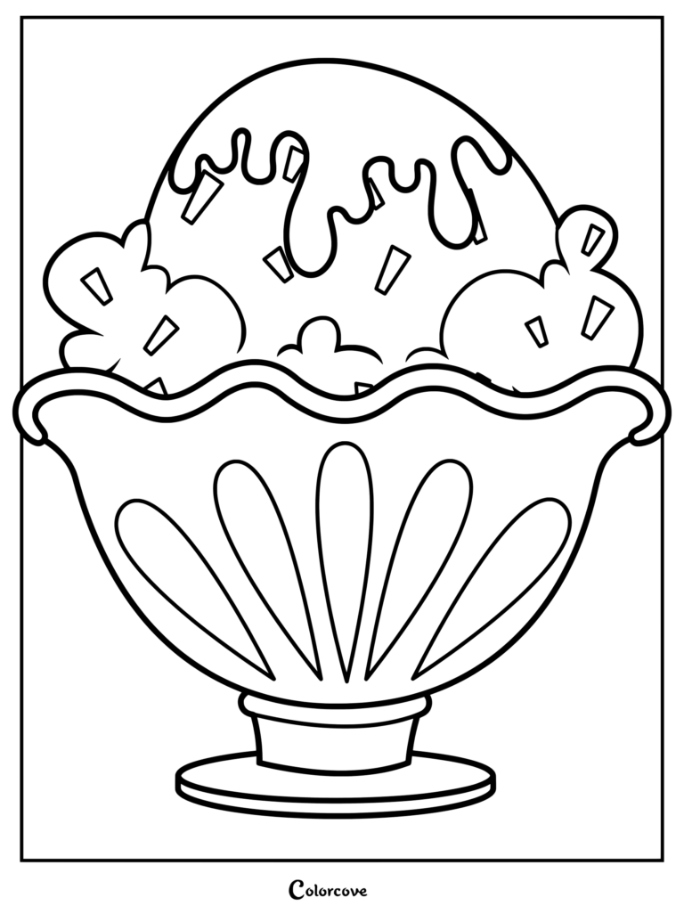 A printable coloring page featuring a large scoop of ice cream with syrup and sprinkles in a decorative scalloped bowl.
