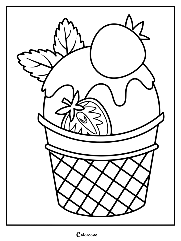 A printable coloring page featuring a scoop of ice cream in a waffle cone topped with a whole strawberry, a strawberry slice, and mint leaves.