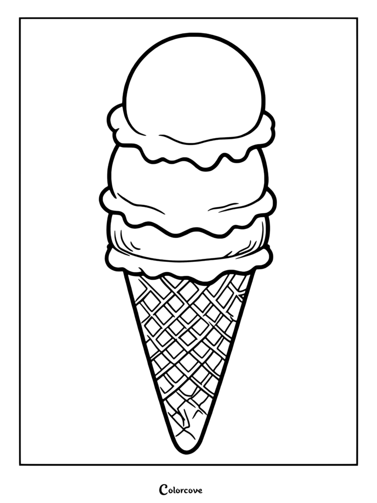 A triple scoop ice cream cone coloring page featuring three stacked scoops on a waffle cone.