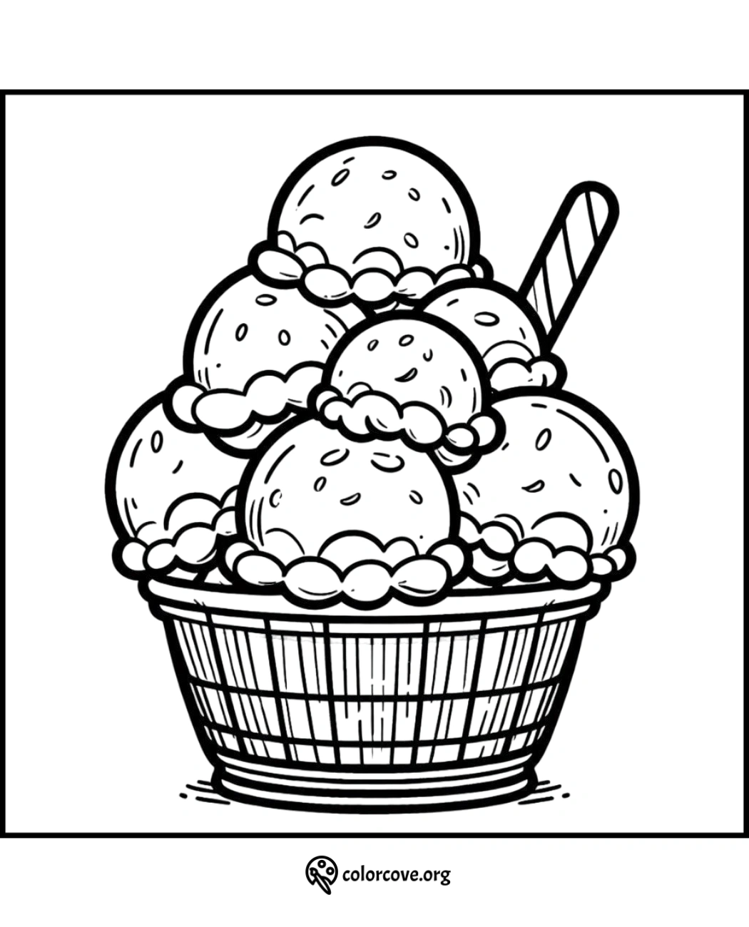 Coloring page featuring a basket filled with ice cream scoops and a stick, perfect for kids and ice cream lovers to color.