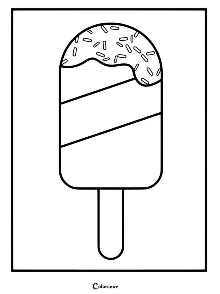 A simple coloring page of a rectangular ice cream bar topped with chocolate dip and sprinkles.