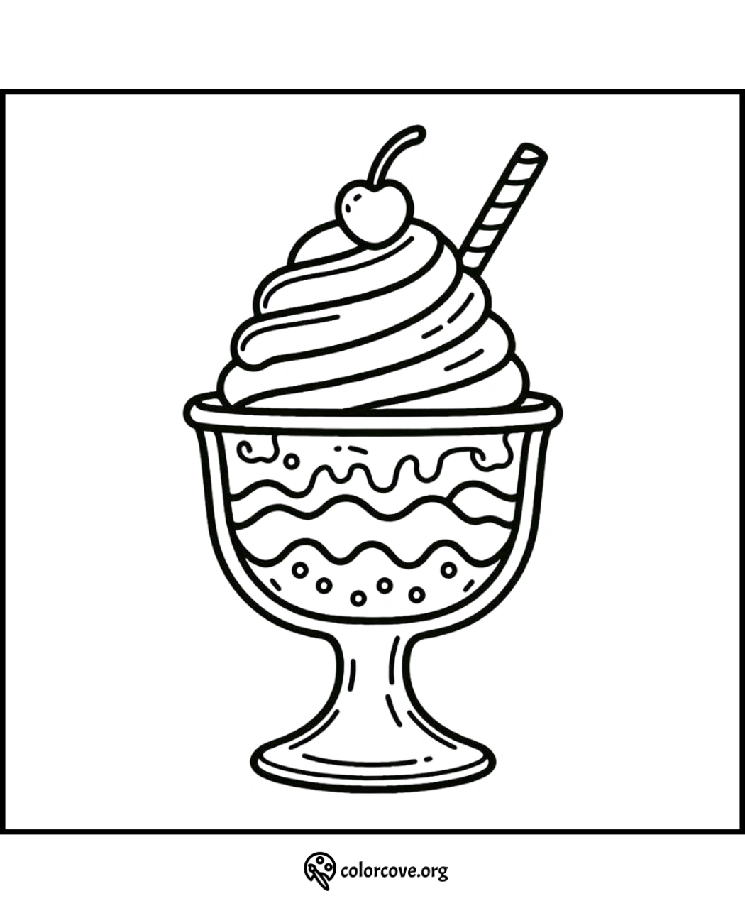 Black and white dessert coloring page featuring a sundae in a glass, topped with whipped cream, cherry, and straw.