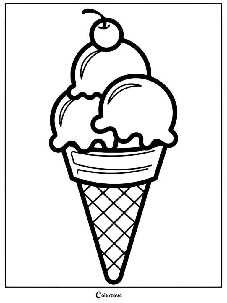 A triple scoop ice cream cone with a cherry on top as a printable coloring page.