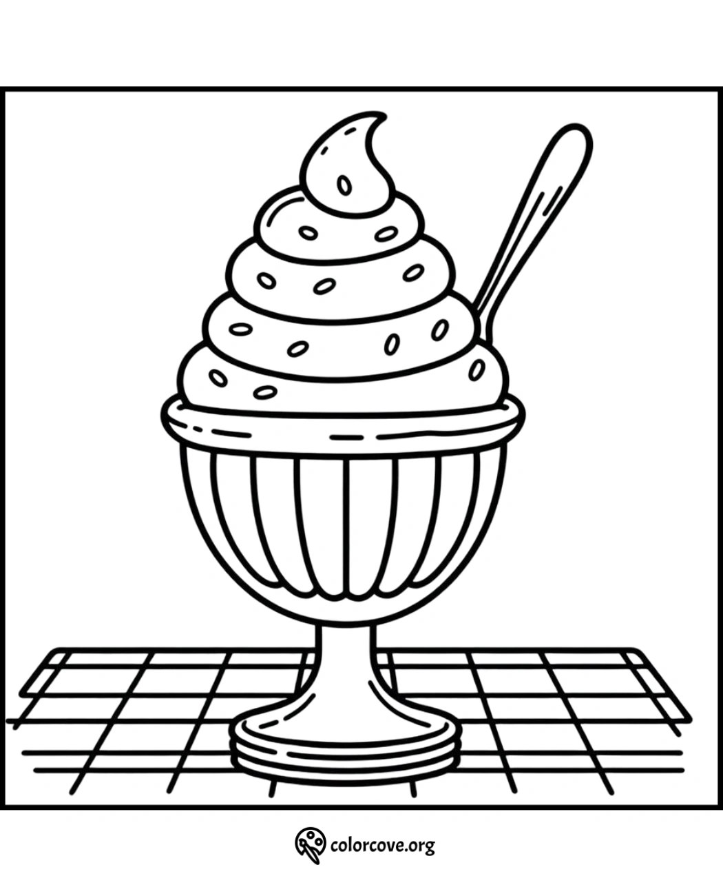 Ice cream coloring page for kids, featuring a sundae in a dish with a spoon, ready to be colored in with vibrant hues.