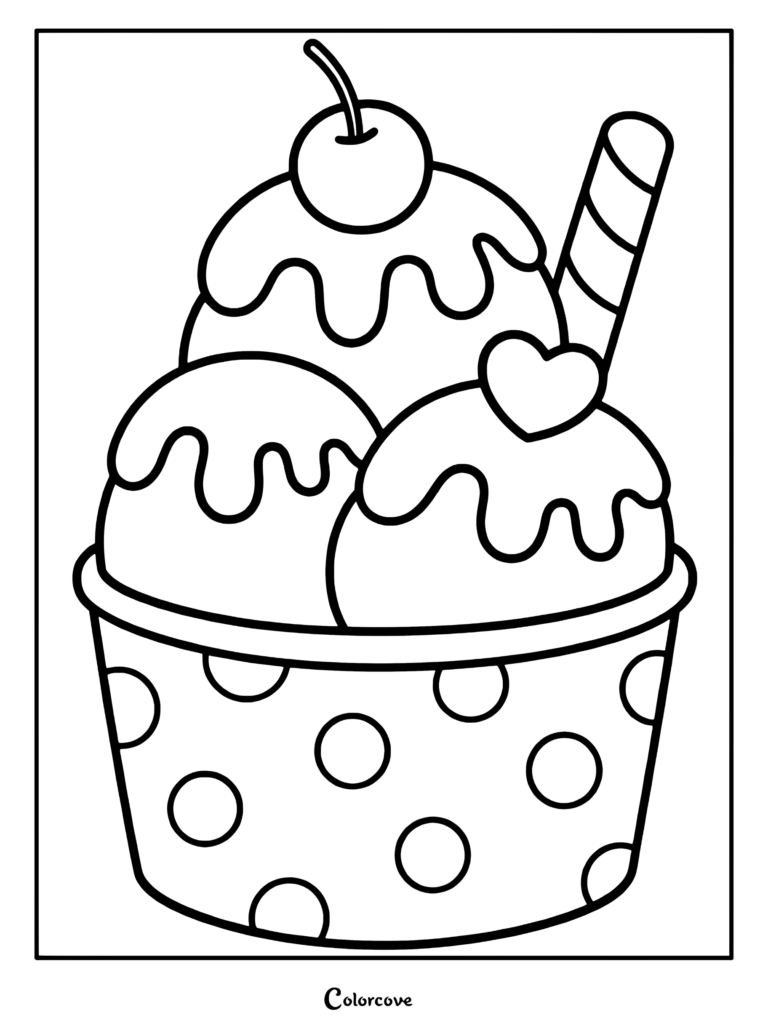 A printable coloring page featuring a three-scoop ice cream sundae in a polka dot cup, topped with a cherry, a heart, and a wafer stick.