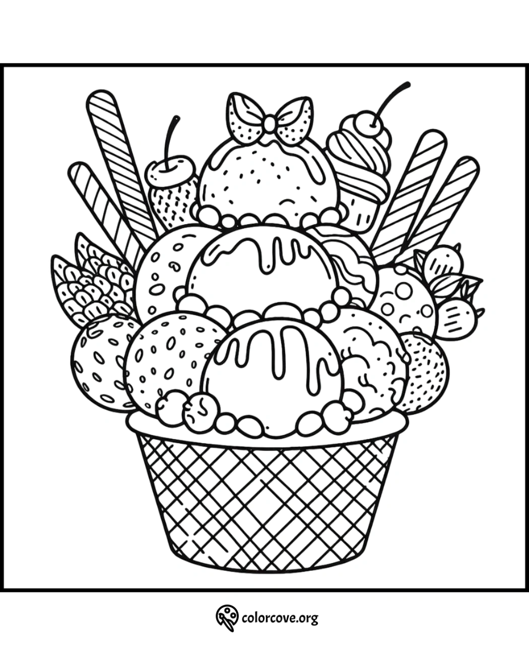 Coloring page of a detailed ice cream sundae in a waffle cone with scoops, fruits, and decorative treats. ColorCove.org.