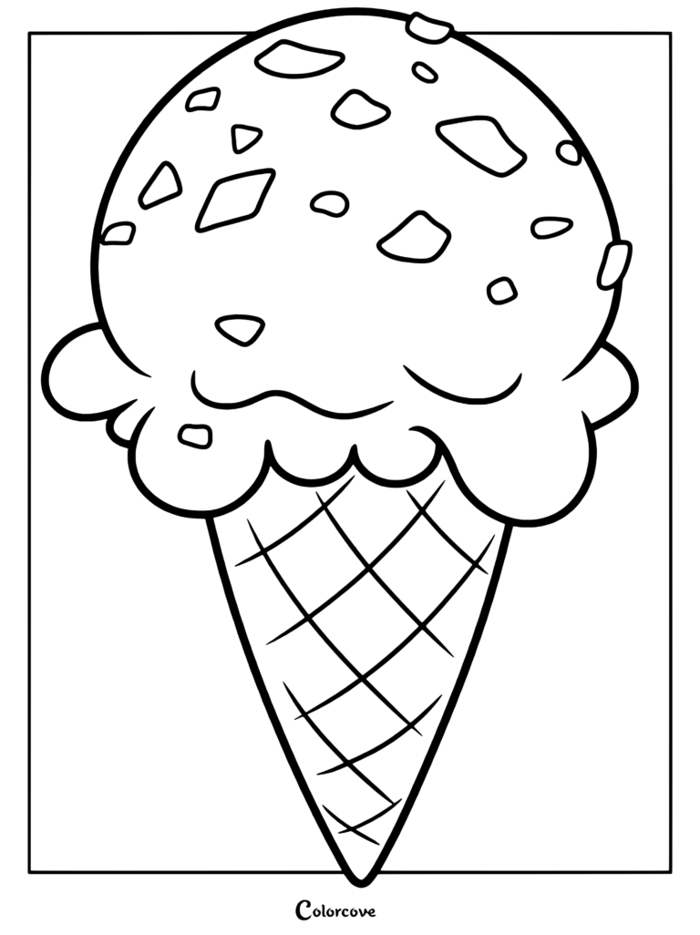 A simple ice cream cone coloring page featuring a single scoop of ice cream with chocolate chips in a waffle cone.