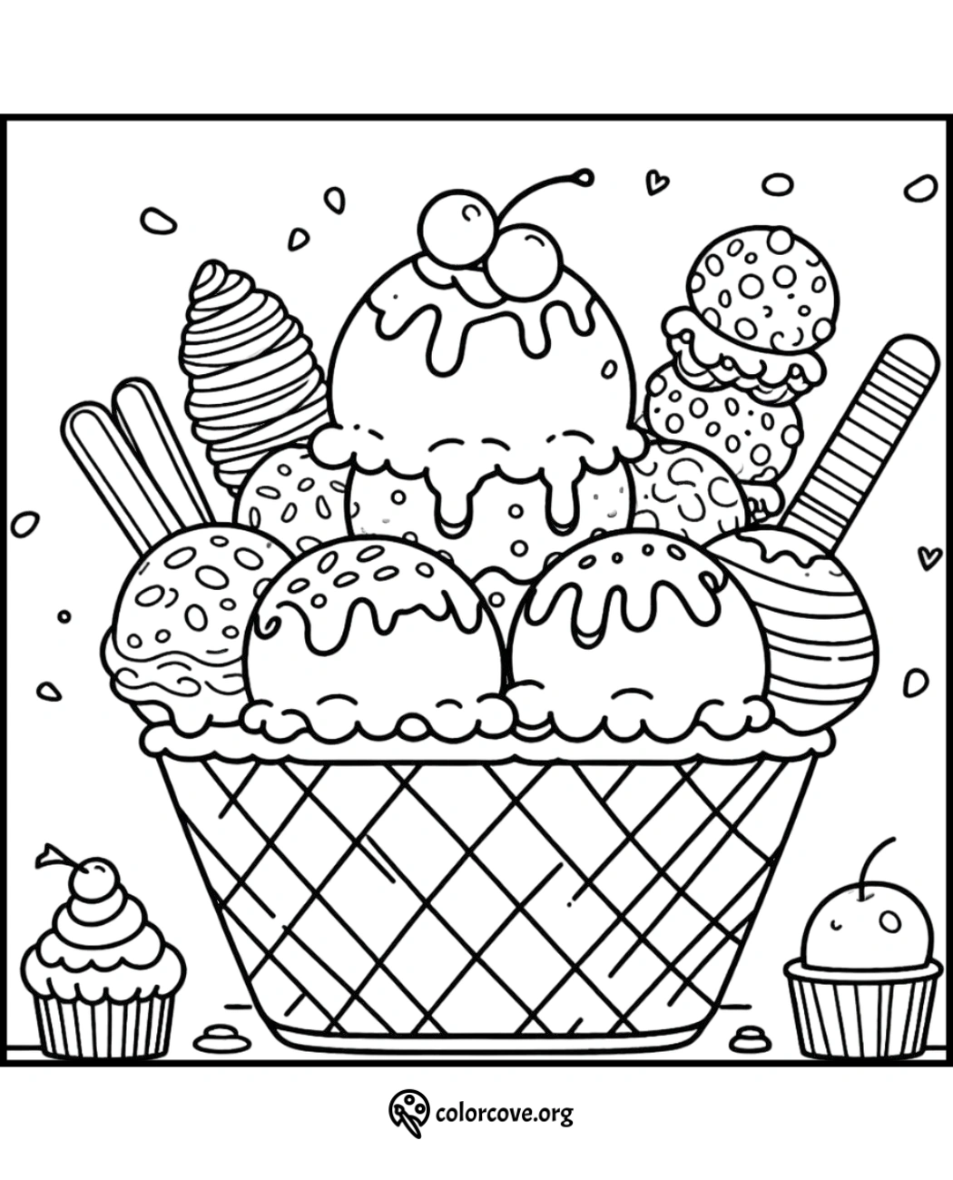 Coloring page featuring a delicious ice cream sundae with scoops, cones, sweets, and toppings overflowing a basket.