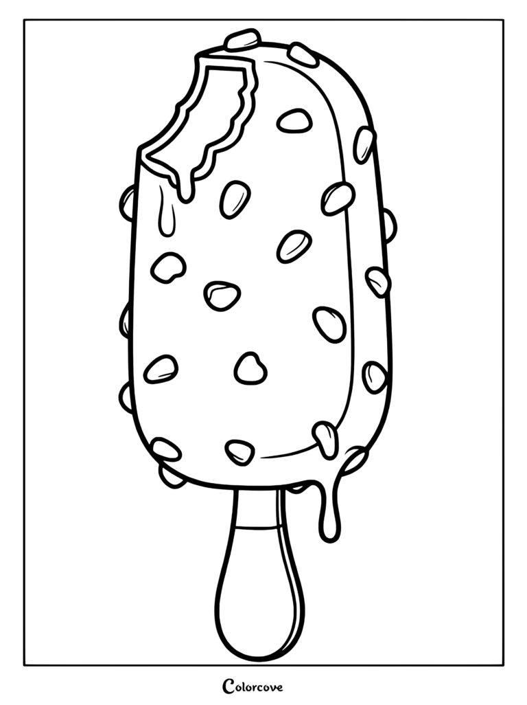 A black and white coloring page of a nut-covered ice cream bar on a stick with a large bite taken out of the top.