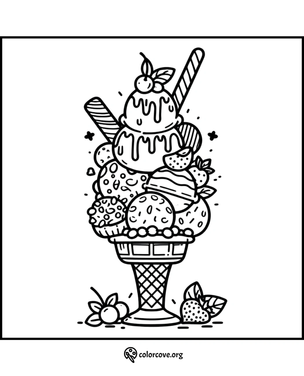 Ice cream sundae coloring page with scoops, cherries, strawberries, and wafers in a waffle cone. ColorCove.org.